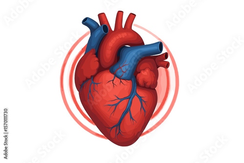 A 3D realistic vector illustration of a human heart is depicted in isolation, showcasing a circular pulsation pattern, a heart attack, and an anatomically correct representation of the heart