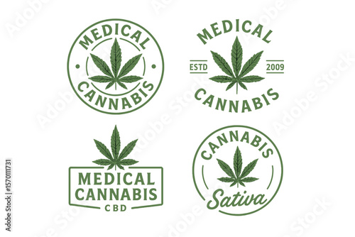 Collection of green medical cannabis emblem, logo, classic vintage labels on black background