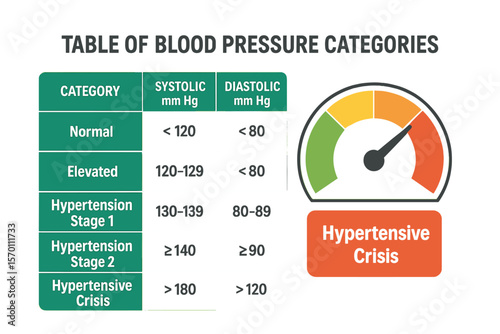 Infographic displaying blood pressure categories with a speedometer, highlighting a hypertensive crisis on a grey background, representing a stage of hypertension and a concept for medical