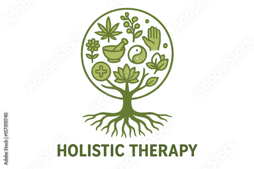 Natural Eco Friendly Medicine Vector Concept With Holistic Therapy Tree Having Roots On Organic Paper Background