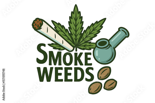 Cannabis joint and hashish or weed smoking device, marijuana seeds vector illustration set, marijuana label, smoke weeds