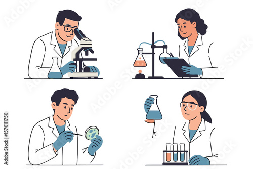 Researchers in the field of science conduct studies and experiments in a laboratory setting, often wearing white coats, and may be referred to as scientists, biologists, or chemists