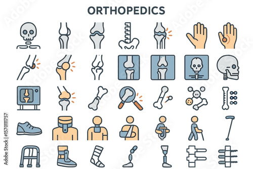 Orthopedics features well-crafted, pixel-perfect, vector thin line icons in a 30 2x grid suitable for web graphics and apps, presented in a simple minimal pictogram style