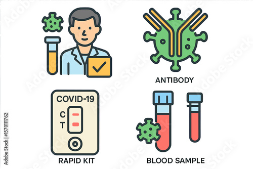 Vector illustration of coronavirus test line icons, including vaccine clinical trial, antibody, rapid kit, and blood sample outline pictogram for covid19 diagnostic, all in 64x64 pixel perfect