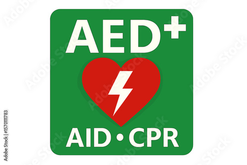 A vector icon representing an AED is available, symbolizing an emergency defibrillator or sign, also related to AED AID and CPR, as a green and red isolated icon for CPR