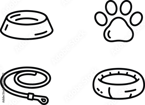 Line art illustration of pet accessories including bowl paw leash and bed