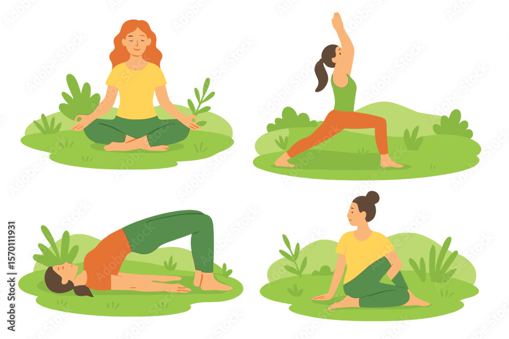 Fototapeta premium Yoga exercises in natural settings promote relaxation and healthy living through outdoor fitness and wellness activities, as depicted in a flat vector illustration set of yoga poses