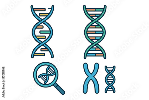 A collection of DNA icons represents life, gene models, and bio codes in the field of genetics and medical symbols, including structure molecules and chromosome icons