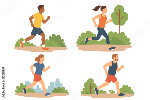 People who are jogging and running are depicted in a set, showcasing active and healthy runners and joggers training in a city park surrounded by nature