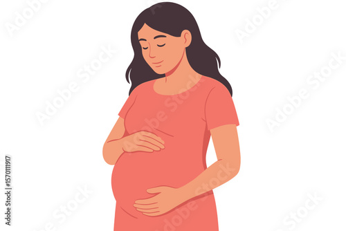 A young woman anticipating the birth of her child gently places her hands on her stomach, filled with care and affection, as depicted in a medical and healthcare vector illustration