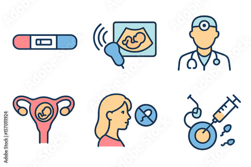 A set of flat line icons for gynecology is available, including symbols for pregnancy tests, baby ultrasounds, obstetrics doctors, embryos in the uterus, infertility, and ivf vector illustrations