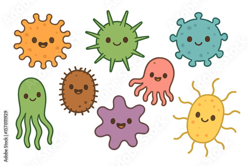 The collection set features adorable germ characters, including bacteria, viruses, microbes, and pathogens