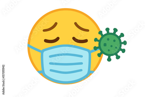 The concept of a mask with an emoji represents saving the world from the Covid-19 virus nCoV, symbolized by a sick emoji