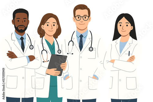 Vector illustration of a group of doctors from diverse ethnic backgrounds working together in isolation