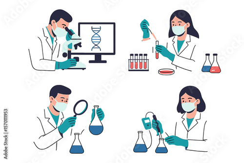 Scientists conduct research in a laboratory setting, focusing on genetic studies, virus and blood analysis, as well as water quality diagnostics through vector illustrations and medical testing