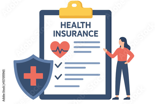 The concept of health insurance is represented by a large clipboard holding a document