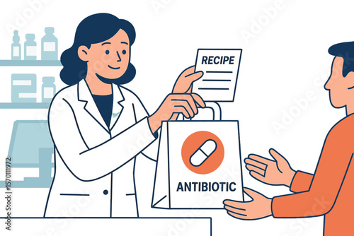 A pharmacist hands a patient a bag containing antibiotic medications as prescribed