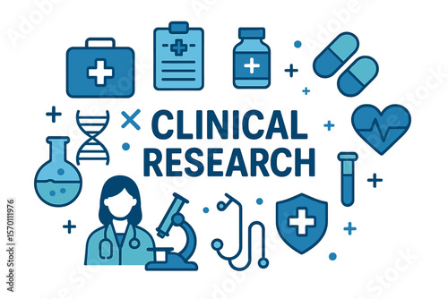 Concept of healthcare, featuring a medical research background that includes icons and key clinical research aspects, along with a website banner of medical healthcare icons in vector illustration