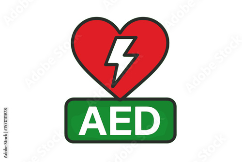 AED symbol icon represents a heart first aid defibrillator sign which is an automated external device for heart attack logo