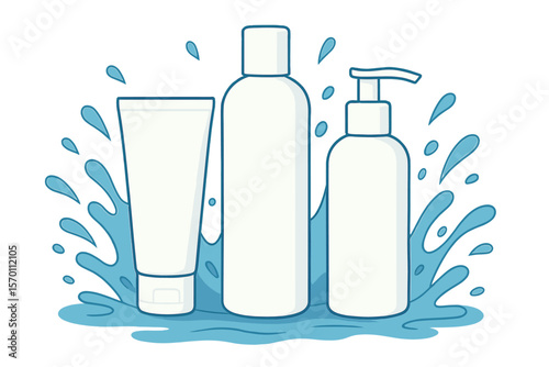 Vector illustration featuring white cosmetic bottles set against a background of splashing water, awaiting your custom design