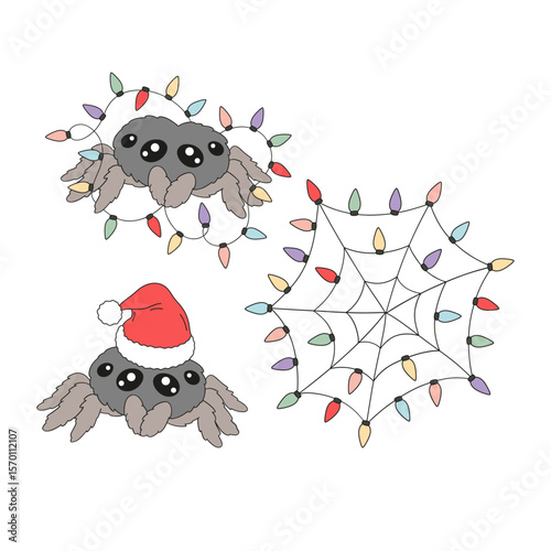Retro Whimsical Creepy Cute Spider in Santa Hats with Garland cobweb Christmas Halloween Fusion Clipart Set isolated on white. Great for gothic holiday crafts, alternative wrapping paper, spooky party