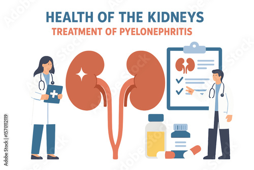 The medical concept of kidney health and pyelonephritis treatment is depicted in a flat vector illustration