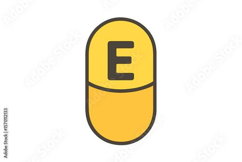 Vitamin E symbol in a flat design style, represented as a pill capsule vector illustration set against a white isolated background, embodying a skincare business concept