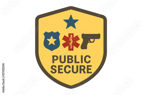 A flat color logo design featuring a public secure badge emblem with icons of police, medical, and firearms is presented
