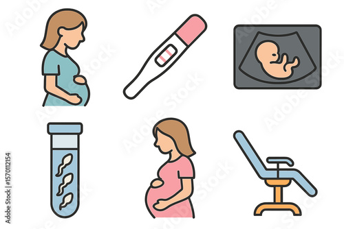 A vector icon set representing pregnancy is available, featuring isolated line symbols of a female, newborn, and related elements like pregnancy tests and ultrasound embryos
