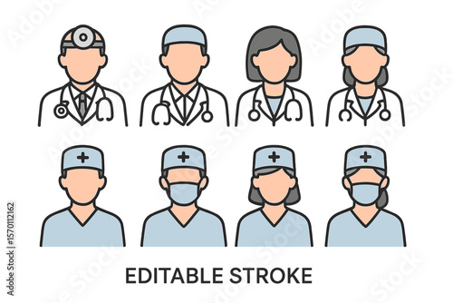 Vector illustration of a doctor and nurse line icon set with editable stroke