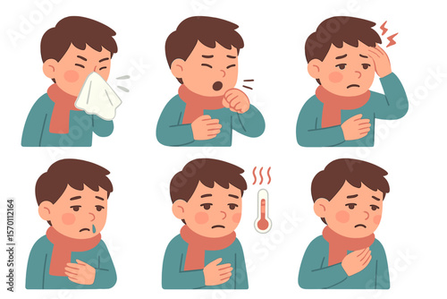 Illustration of a boy with flu and cold symptoms, depicted as a sick kid sneezing and coughing, suffering from influenza with a runny nose, headache, fever, sore throat, and illness, presented in a