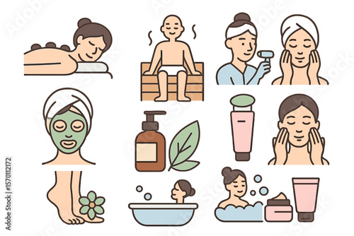 The beauty and spa icon set encompasses various spa treatments, cosmetics services, and concepts related to a healthy lifestyle, including face and body care and recreation, with icons for massage