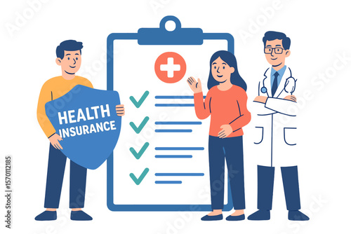 Illustration of patients and a doctor promoting health insurance, with individuals displaying a medical checklist, representing healthcare, protection, and security concepts