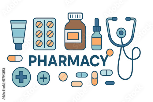 Pharmacy banner, a vector illustration in flat style, representing medicine, medical supplies, and hospital concept