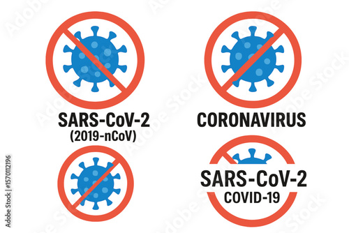 The SARS-CoV-2 coronavirus, also known as 2019-nCoV, is the cause of Covid-19 and is represented in a typography design concept that includes a set of prohibited signs, presented as a vector
