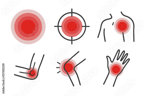 Pain forms a circle, focusing on a red target area that requires medication and remedy, including isolated vector sets for joint pain spots