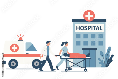 Hospital vector illustration features a flat tiny medical ambulance persons concept