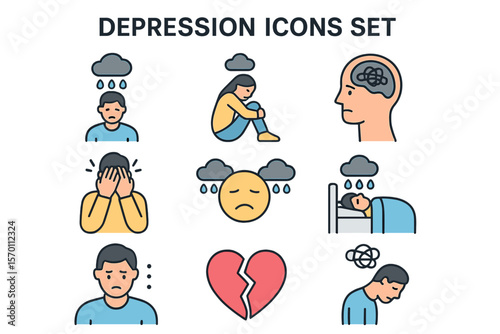 A set of icons representing depression is available, featuring outline vectors for use in web design on a white background
