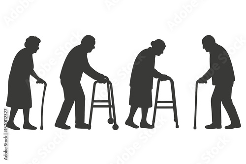 A collection of silhouettes featuring elderly individuals using walking aids is available, along with vector silhouettes of senior pensioners walking with assistance