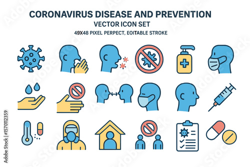 A set of vector icons for coronavirus disease and prevention is available, featuring 48x48 pixel perfect and editable stroke designs