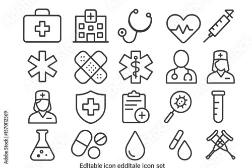 This icon set is related to Medical & Healthcare and is fully editable, featuring various symbols such as medical, pharmacy, cardiology, doctor, nurse, insurance, and test tube icons, all with