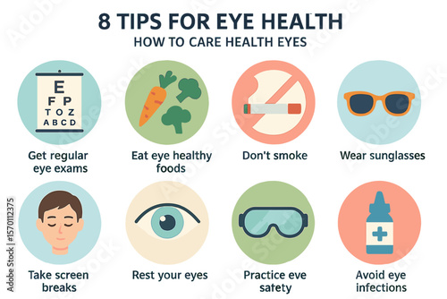 An infographic providing 8 tips on maintaining healthy eyes and proper eye care