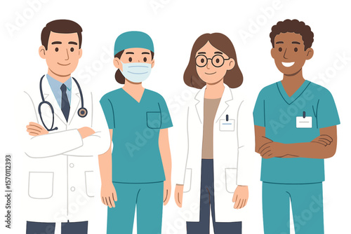 Medical staff is comprised of hospital doctors and nurses, including a doctor with a stethoscope and a nurse wearing scrubs and a face mask, as well as a medical student volunteer and an intern, all