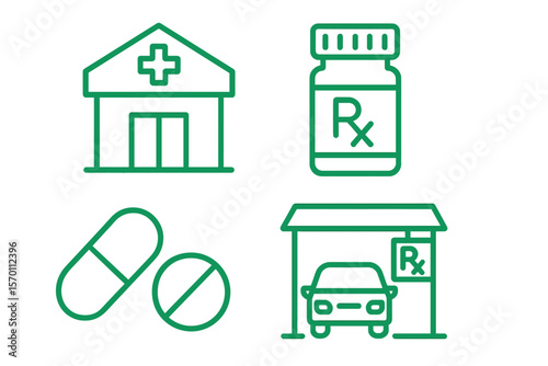 Vector icons for prescription refill lines are depicted in a green color and include symbols such as a pharmacy, medication, and rx bottle, all of which are editable
