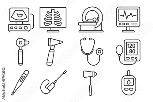 Medical diagnostic equipment icons are available as a thin vector icon set in black and white
