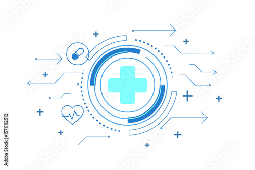 A modern innovation concept featuring abstract health medical science and healthcare icons, with digital technology and science, symbolizing treatment and medicine on a hi-tech future blue background