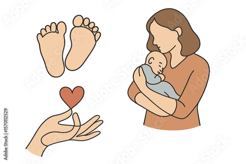 Vector illustrations of a newborn baby's heels and a mother holding her newborn, depicted in one line art, along with a family portrait and a hand with a heart