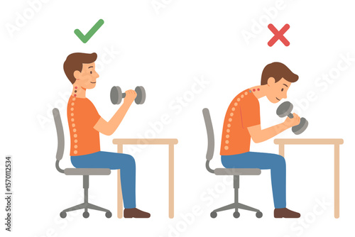 Correct and incorrect postures of the neck and spine of a young cartoon man sitting at a desk and lifting weights, including head positions and neck angles, illustrating the concept of spine care in