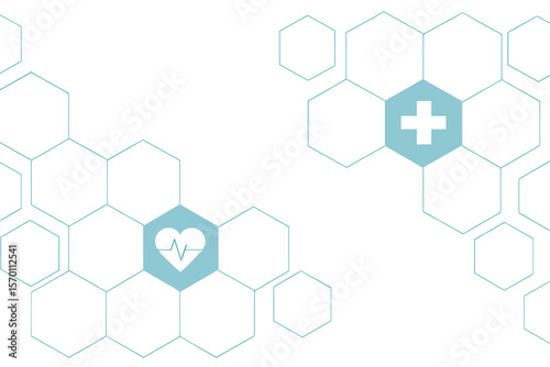 The design features a medical background with a geometric abstract pattern of hexagons