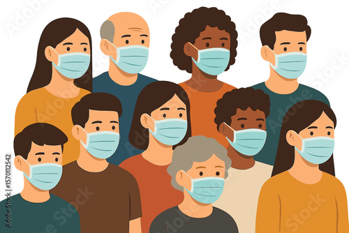 A group of individuals donning medical masks as a preventative measure against disease, flu, air pollution, contaminated air, and global pollution, depicted in a vector illustration with a flat style